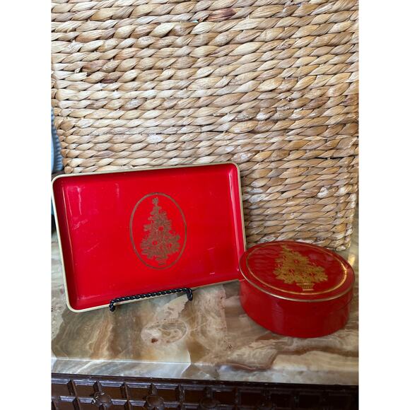 Otagiri made in Japan: Gold & Red Christmas Tree Coasters & Tray - Picture 1 of 8